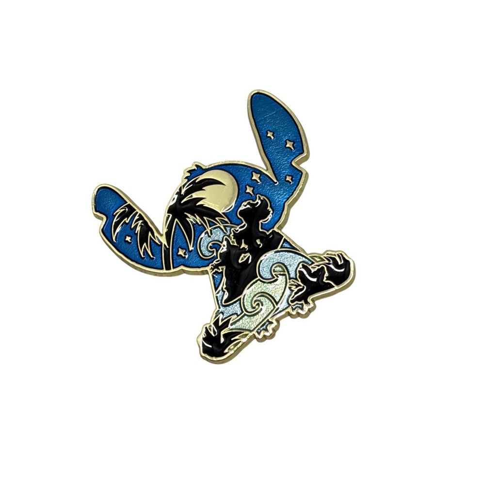 Disney Lilo & Stitch Enamel Pin Tropical Beach Night Scene Silhouette Gold Tone